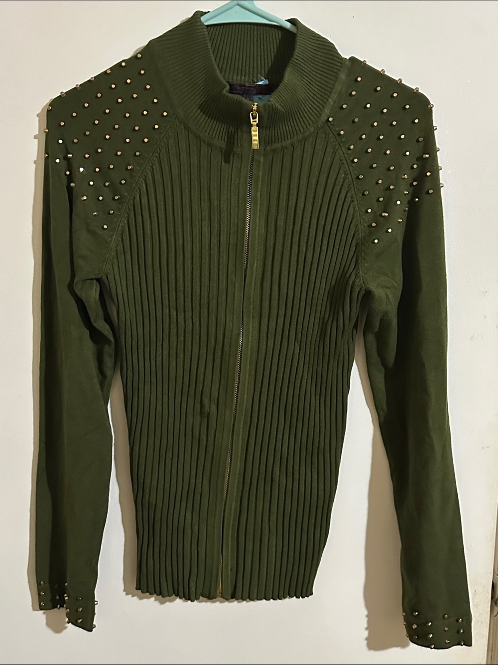 Stud-Embellished Olive Ribbed Zip Cardigan
